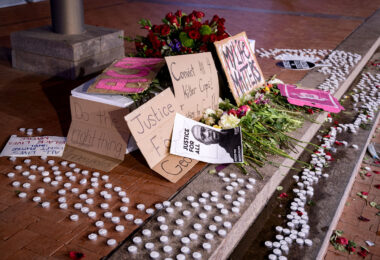 A George Floyd memorial outside the courthouse on March 7, 2021 in Minneapolis where the Derek Chauvin murder trial is taking place.