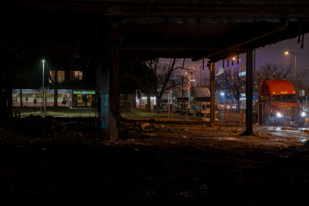 Demoition of the one time Wells Fargo Bank on Nicollet in Minneapolis on March 3, 2021. The bank was destroyed in riots folowing the murder of George Floyd.