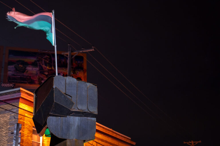 Fist at George Floyd Square in March 2021 1 The fist at George Floyd Square.