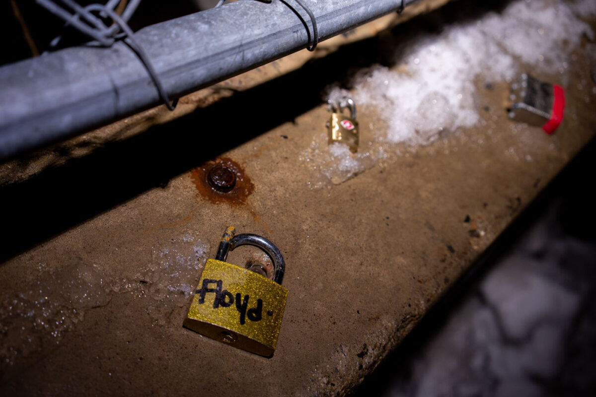 Locks with the names of police violence victims were placed on fencing around the Government Center where Derek Chauvin is on trial for the murder of George Floyd. A day later they were cut off.