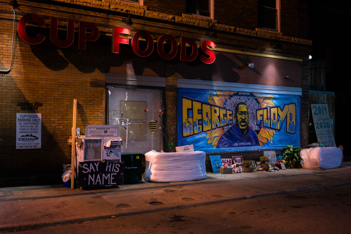 Minneapolis -- Cup Foods in South Minneapolis, the store that George Floyd was killed in front of. A George Floyd mural painted on the 38th Street side.