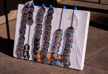 George Floyd pins being sold outside the courthouse where the Derek Chauvin murder trial is taking place.