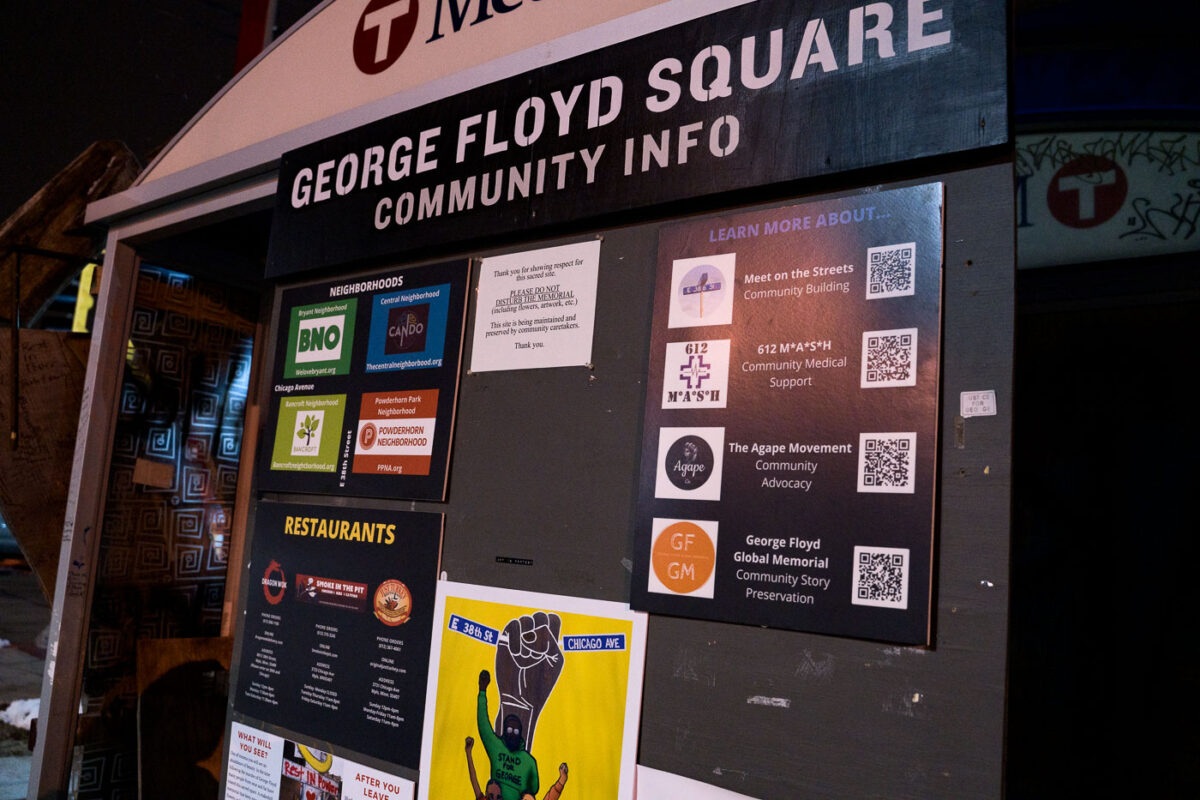 The "Community Info" board at George Floyd Square on March 16, 2021.