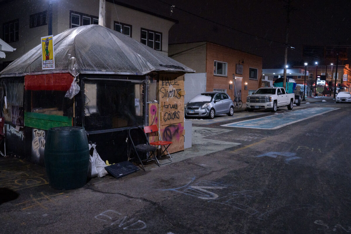 A warming shelter at George Floyd Square in Minneapolis on March 16, 2021. The shelters were built near the street barricades.