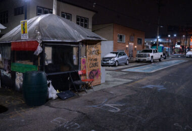 A warming shelter at George Floyd Square in Minneapolis on March 16, 2021. The shelters were built near the street barricades.