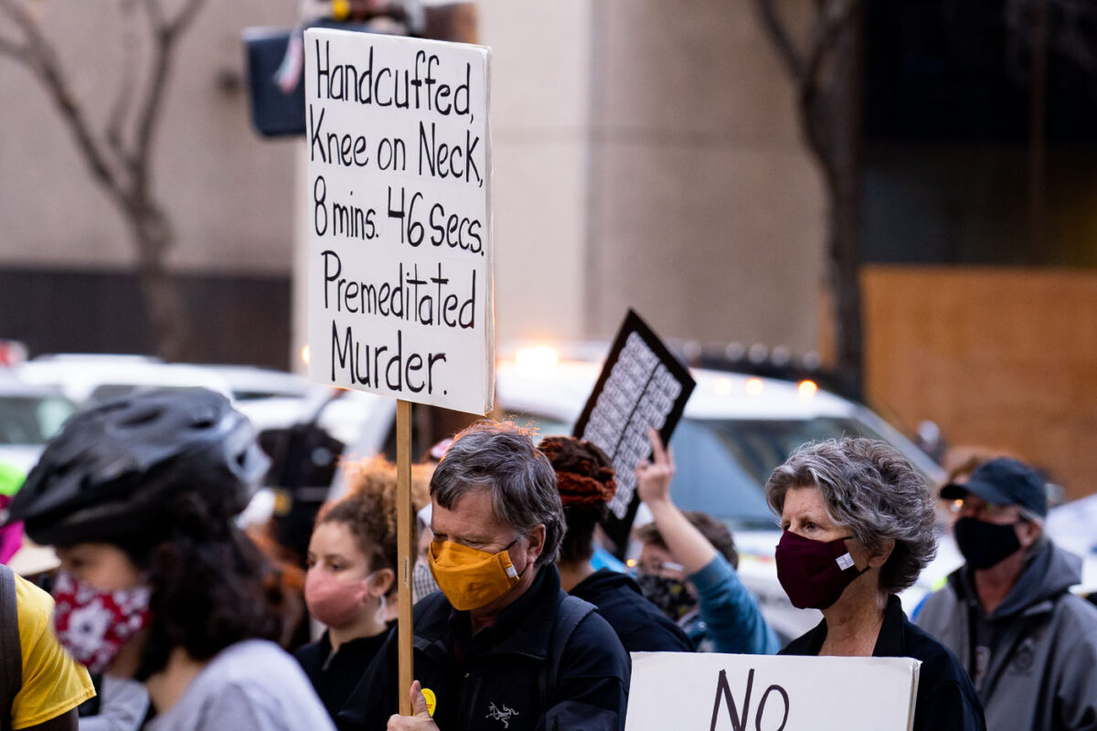 Protesters rally and march through Downtown Minneapolis on the day opening statements began in the Derek Chauvin murder trial. Chauvin is accused of murdering George Floyd on May 25th, 2020.