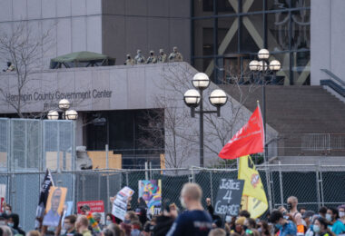Protesters rally and march through Downtown Minneapolis on the day opening statements began in the Derek Chauvin murder trial. Chauvin is accused of murdering George Floyd on May 25th, 2020.