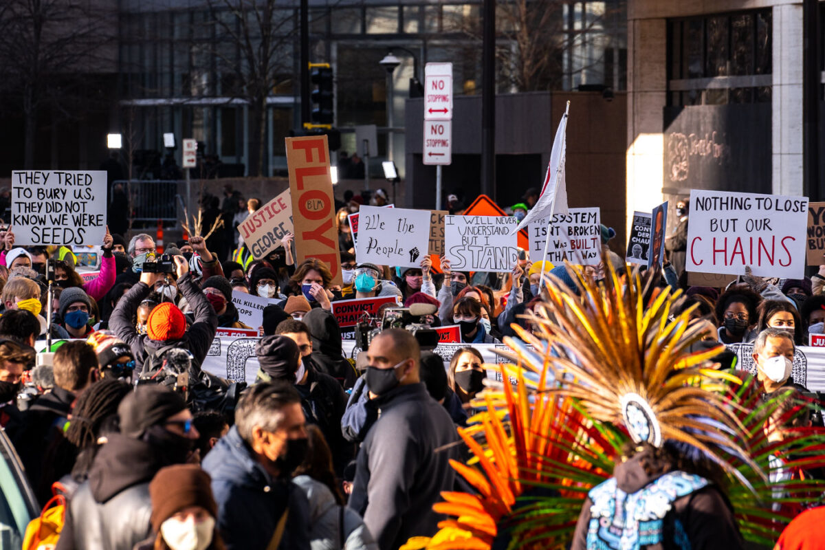 Protesters gathered outside the Hennepin County Government Center prior to the 8am start of the Derek Chauvin trial. Former Minneapolis Police Officer Derek Chauvin is charged in the murder of George Floyd on May 25th, 2020.