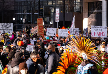 Protesters gathered outside the Hennepin County Government Center prior to the 8am start of the Derek Chauvin trial. Former Minneapolis Police Officer Derek Chauvin is charged in the murder of George Floyd on May 25th, 2020.