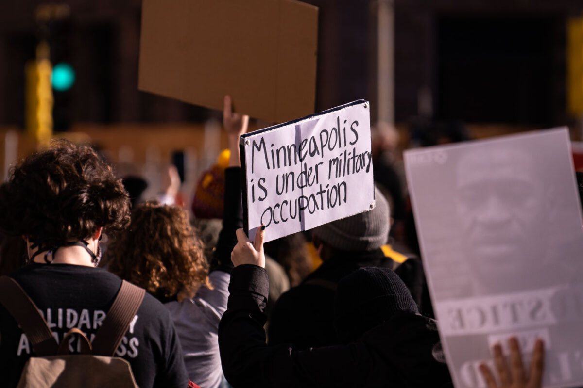 Protesters outside the courthouse where the Derek Chauvin murder trial is beginning in Minneapolis.