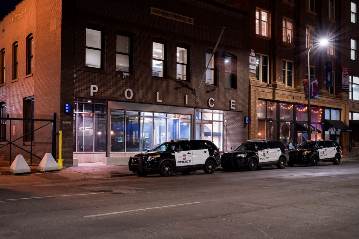 Minneapolis Police installs security door that slides down in front of the windows.