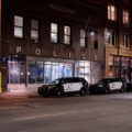 Minneapolis Police installs security door that slides down in front of the windows.