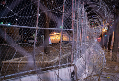 The Minneapolis Police 2nd precinct secured with razorwire during the Derek Chauvin murder trial.
