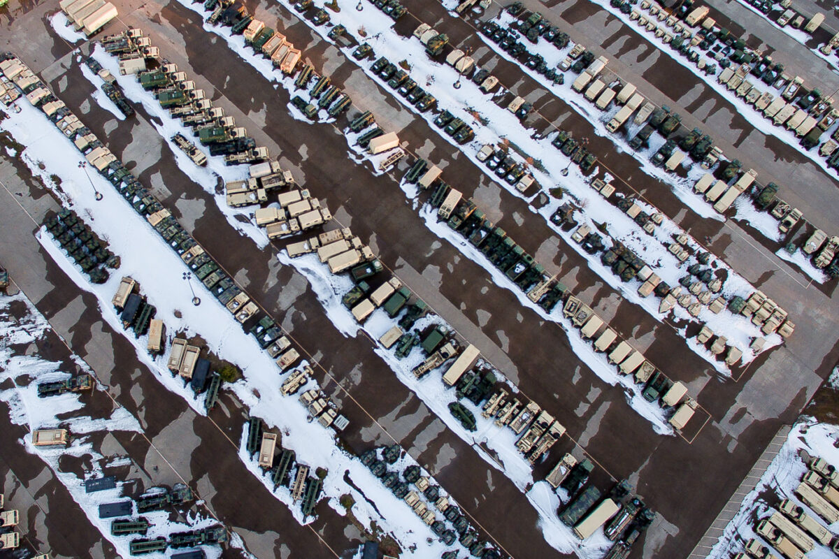 The Minnesota National Guard vehicles prior to deployment to Minneapolis over possible unrest during the Derek Chauvin Trial.