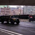 A military vehicle drives around the Hennepin County Government Center. The courthouse is currently holding the Derek Chauvin murder trial. Chauvin is charged in the May 25th murder of George Floyd in South Minneapolis.