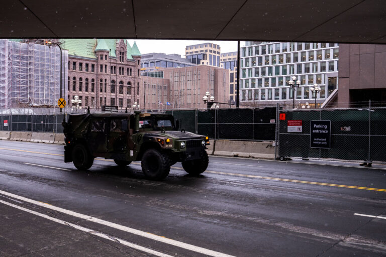 National Guard military vehicle outside Chauvin trial 1 A military vehicle drives around the Hennepin County Government Center. The courthouse is currently holding the Derek Chauvin murder trial. Chauvin is charged in the May 25th murder of George Floyd in South Minneapolis.