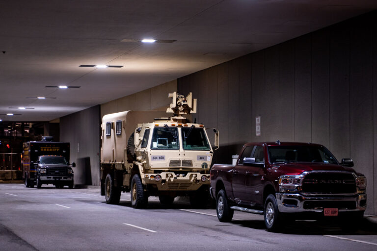 National Guard security at Derek Chauvin murder trial 3 A National Guard vehicle with a optical CROWS system attached sits under the courthouse where Derek Chauvin is standing trial for the death of George Floyd.