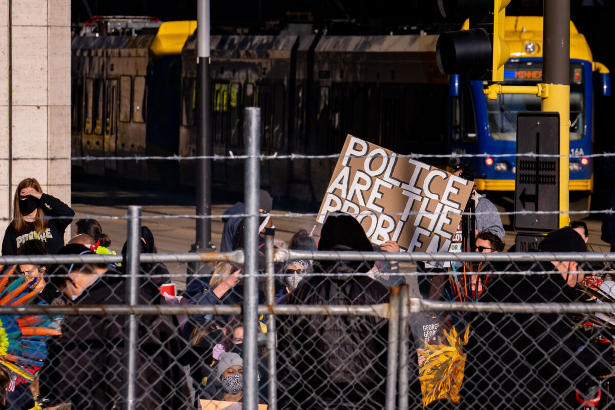 Protesters outside the Hennepin County Government Center on March 8th, 2021 during the Derek Chauvin murder trial.