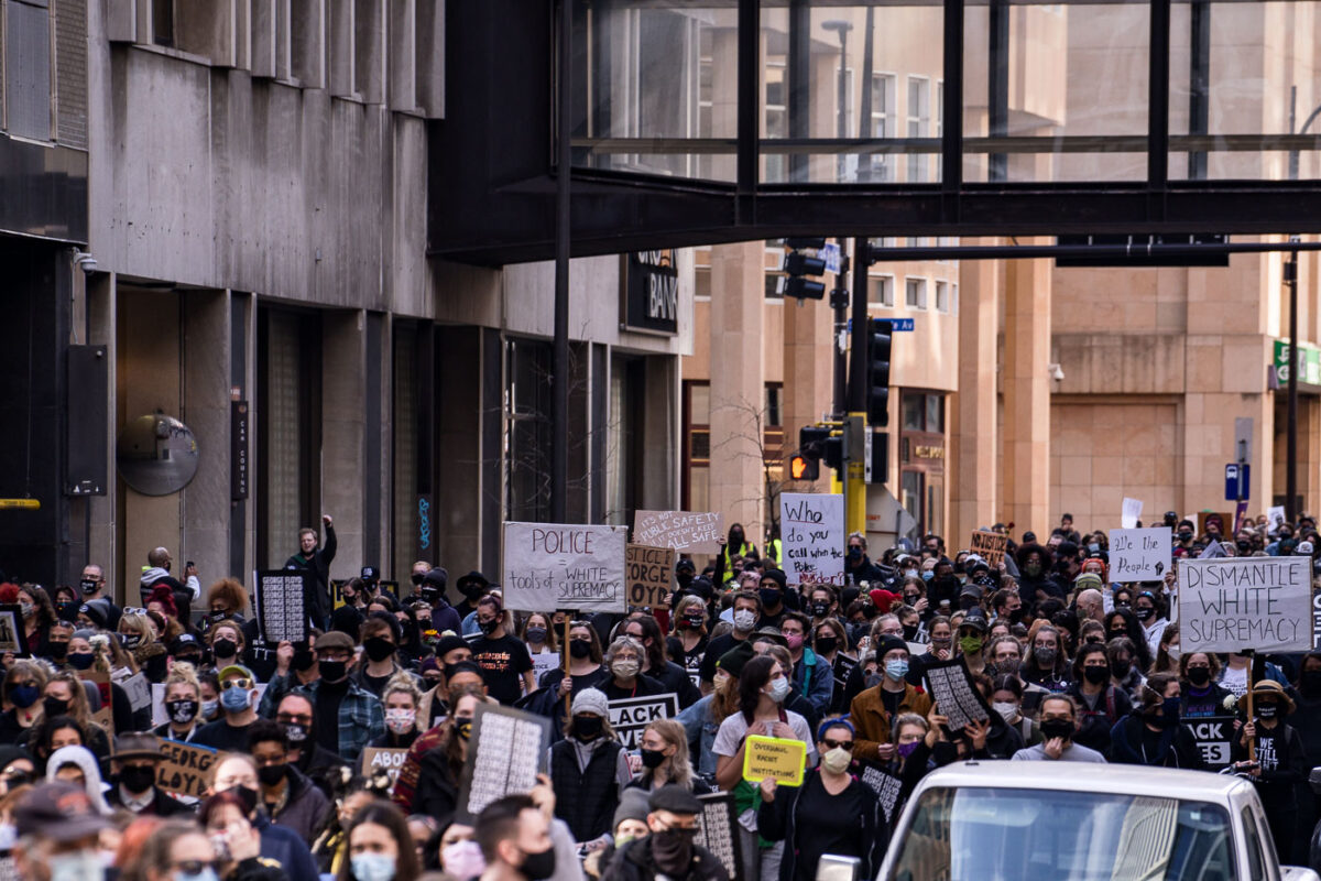 Thousands march the day before the start of jury selection in the Derek Chauvin murder trial. The former Minneapolis Police officer is charged with the murder of George Floyd on May 25th, 2020.