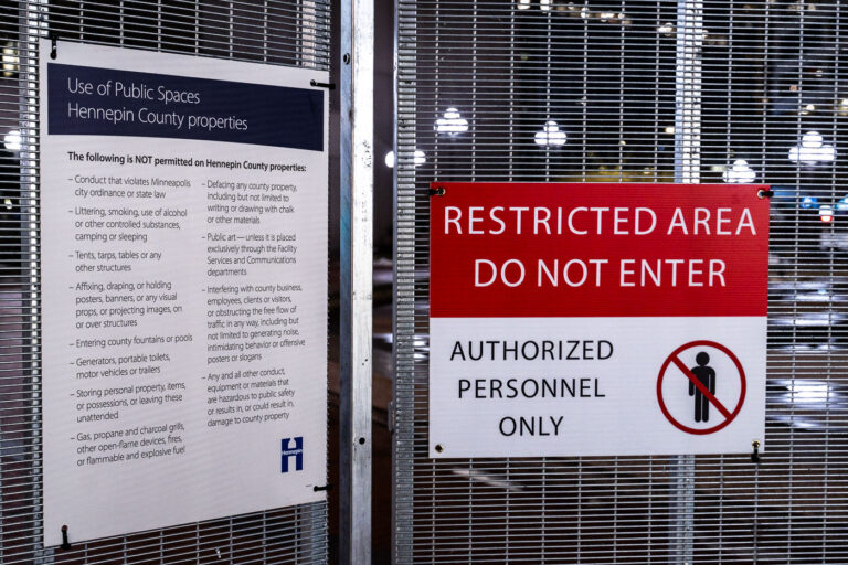 Protest rules signage outside Derek Chauvin trial 3 Signage on secure fencing around the government center. The Derek Chauvin trial is set to begin on March 8th.