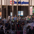 Protesters behind security fencing that surrounds the courthouse where the Derek Chauvin murder trial is taking place.