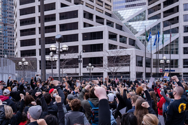 Protesters put hands up outside courthouse during Chauvin trial 3 Thousands march the day before the start of jury selection in the Derek Chauvin murder trial. The former Minneapolis Police officer is charged with the murder of George Floyd on May 25th, 2020.