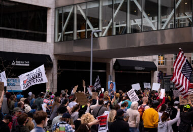 Protesters rally and march through Downtown Minneapolis on the day opening statements began in the Derek Chauvin murder trial. Chauvin is accused of murdering George Floyd on May 25th, 2020.