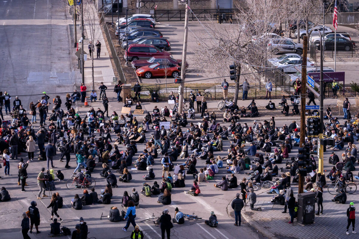 Protesters march through downtown Minneapolis during the Derek Chauvin murder trial. Chauvin was convicted in the murder of George Floyd.