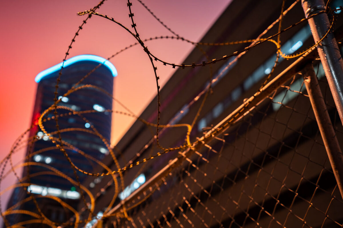 Razor wire around the temporary Minneapolis Police third precinct on March 3, 2021.