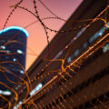 Razor wire around the temporary Minneapolis Police third precinct on March 3, 2021.