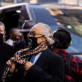 Rev Al Sharpton arrives with the George Floyd family for a press conference outside the Hennepin County Government Center where opening statements in the Derek Chauvin were set to begin an hour later.