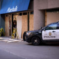 Boards being put over storefronts in downtown Minneapolis in preperation for the Derek Chauvin murder trial.