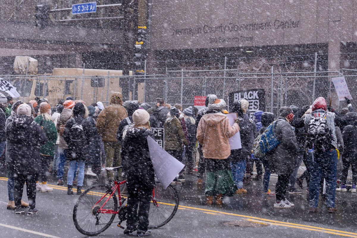 Protesters march around the Hennepin County Government Center demanding a fair jury selection process in the Derek Chauvin trial. Former Minneapolis Police Officer Derek Chauvin is accused of murdering George Floyd on May 25th, 2020.