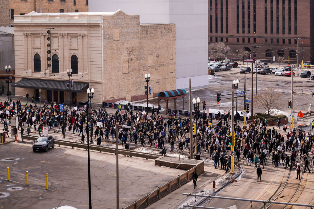 Thousands march the day before the start of jury selection in the Derek Chauvin murder trial. The former Minneapolis Police officer is charged with the murder of George Floyd on May 25th, 2020.