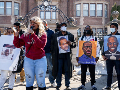 Toshira Garraway speaks at protest outside Governor's residence