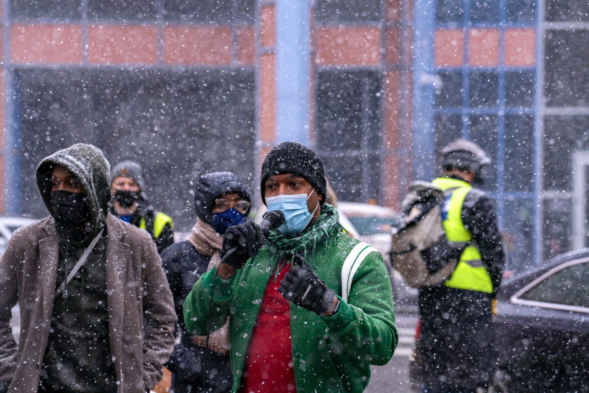 Toussaint Morrison speaking during a march during the Derek Chauvin murder trial in Minneapolis on March 15, 2021.