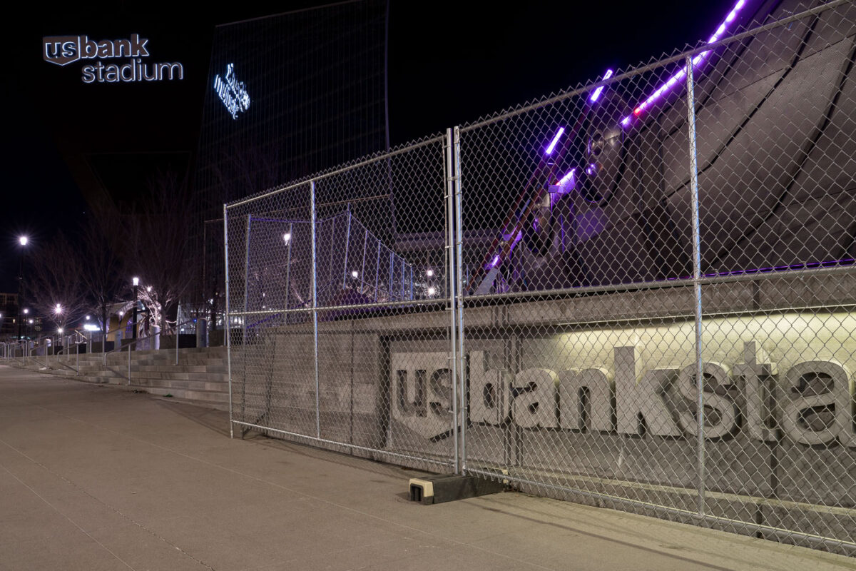 Security fencing around US Bank Stadium in downtown Minneapolis during the Derek Chauvin murder trial.