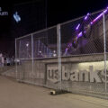 Security fencing around US Bank Stadium in downtown Minneapolis during the Derek Chauvin murder trial.