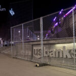 Security fencing around US Bank Stadium in downtown Minneapolis during the Derek Chauvin murder trial.