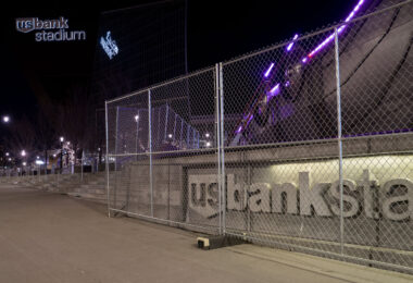 Security fencing around US Bank Stadium in downtown Minneapolis during the Derek Chauvin murder trial.