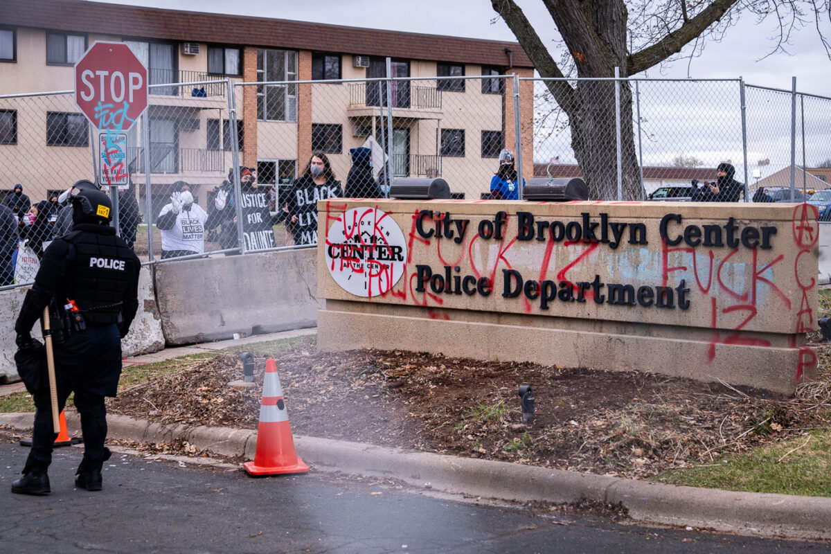 Protesters and police at the Brooklyn Center Police Department after Daunte Wright is shot and killed n April 11th, 2021.