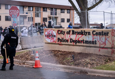 Protesters and police at the Brooklyn Center Police Department after Daunte Wright is shot and killed n April 11th, 2021.
