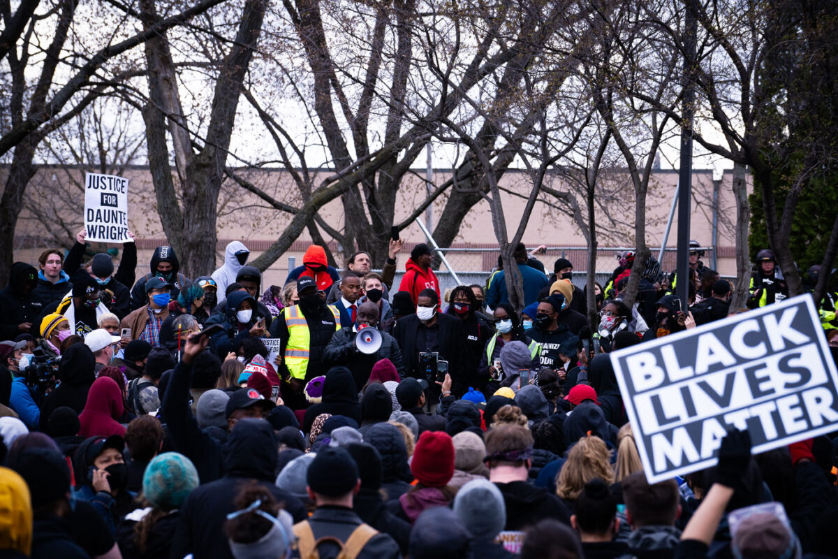 Protesters outside the Brooklyn Center Police Department after Daunte Wright was killed on April 11th, 2021. Former Brooklyn Center Police Department Kim Potter will stand trial on November 30th, 2021.