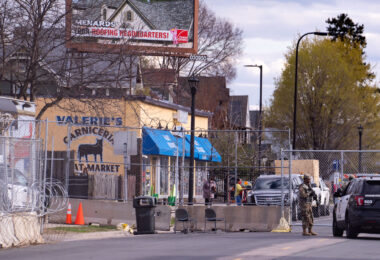 The National Guard outside a heavily fortified Minneapolis Police Fifth Precinct in South Minneapolis.