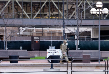 Minnesota National Guard patrolling inside the security cage around the Hennepin County Government Center where Derek Chauvin is being tried for the murder of George Floyd.