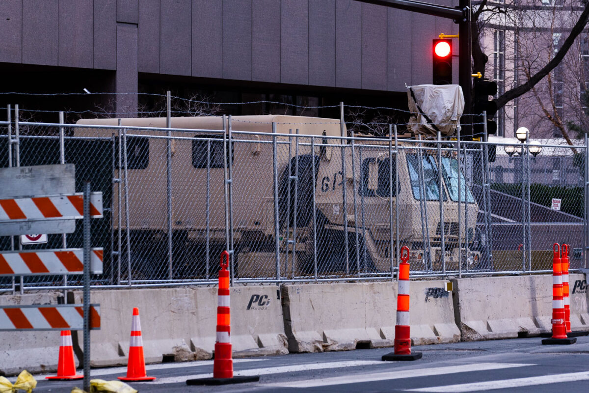 Security around the Hennepin County Government Center in downtown Minneapolis during the Derek Chauvin murder trial.