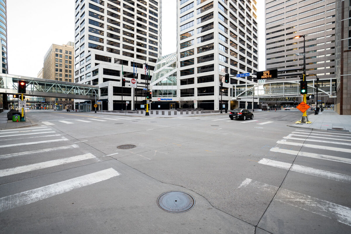 Boards on US Bank Plaza during the Derek Chauvin murder trial in 2021.