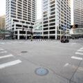 Boards on US Bank Plaza during the Derek Chauvin murder trial in 2021.