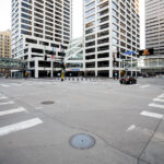 Boards on US Bank Plaza during the Derek Chauvin murder trial in 2021.