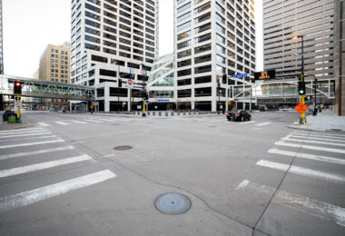 Boards on US Bank Plaza during the Derek Chauvin murder trial in 2021.